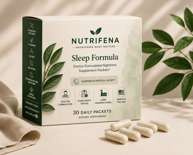 Nutrifena® Sleep Support box with daily packets and capsules in natural light