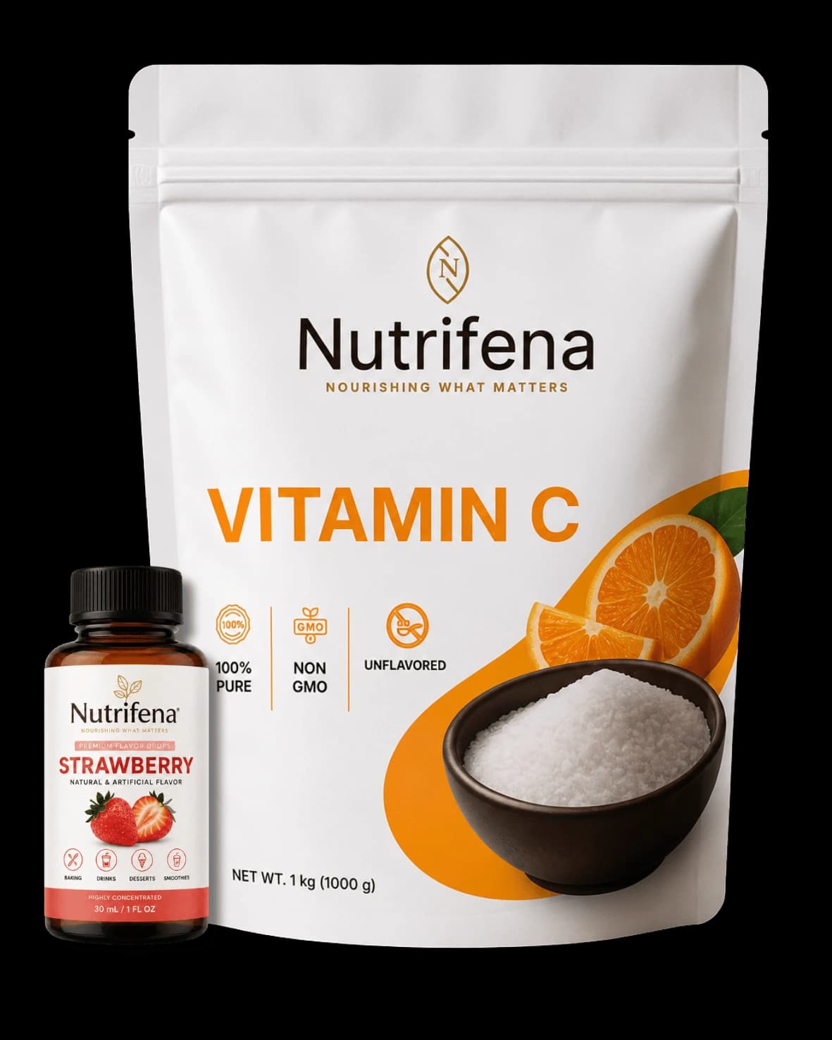 Nutrifena Vitamin C ingredient pouch with Strawberry Flavor Drops bottle